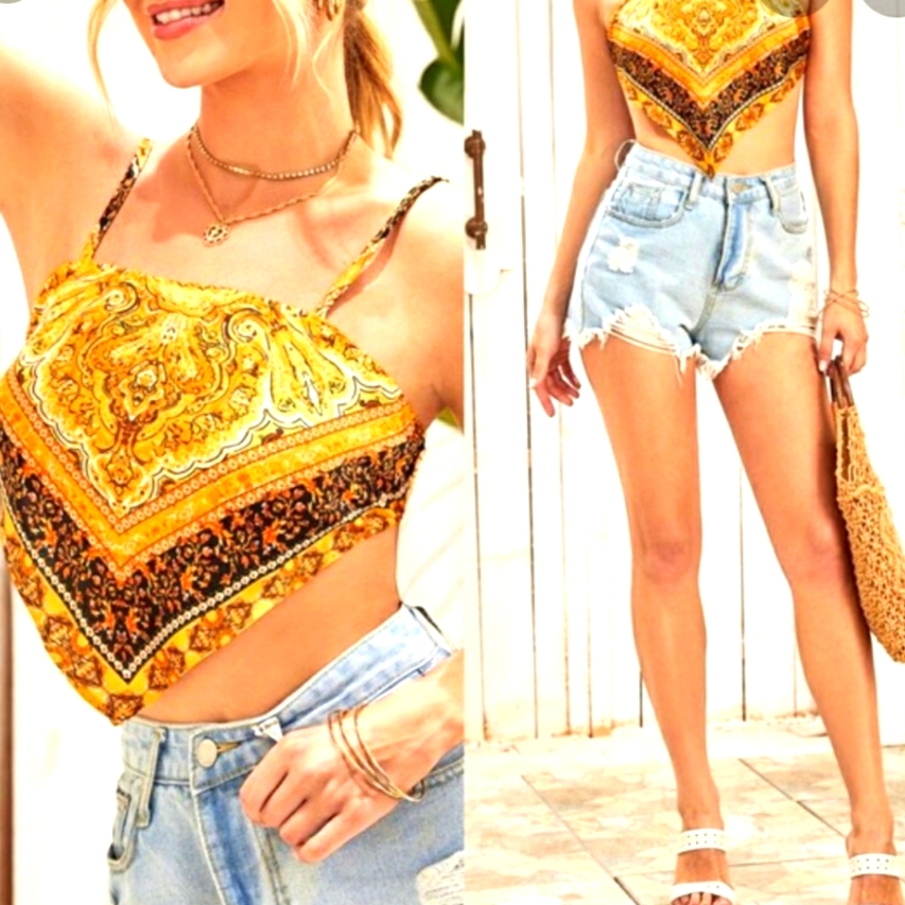Shein Yellow Scarf Print Bandana Cami Top